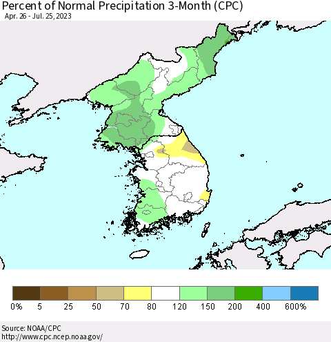 Korea Percent of Normal Precipitation 3-Month (CPC) Thematic Map For 4/26/2023 - 7/25/2023