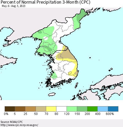 Korea Percent of Normal Precipitation 3-Month (CPC) Thematic Map For 5/6/2023 - 8/5/2023