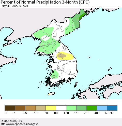 Korea Percent of Normal Precipitation 3-Month (CPC) Thematic Map For 5/11/2023 - 8/10/2023