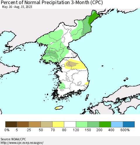 Korea Percent of Normal Precipitation 3-Month (CPC) Thematic Map For 5/16/2023 - 8/15/2023