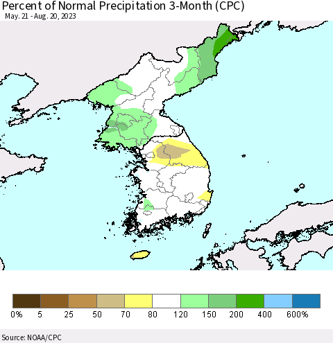 Korea Percent of Normal Precipitation 3-Month (CPC) Thematic Map For 5/21/2023 - 8/20/2023