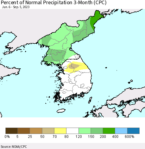 Korea Percent of Normal Precipitation 3-Month (CPC) Thematic Map For 6/6/2023 - 9/5/2023