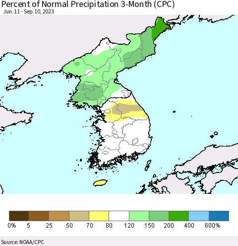 Korea Percent of Normal Precipitation 3-Month (CPC) Thematic Map For 6/11/2023 - 9/10/2023