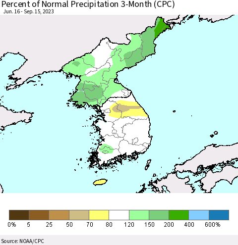 Korea Percent of Normal Precipitation 3-Month (CPC) Thematic Map For 6/16/2023 - 9/15/2023