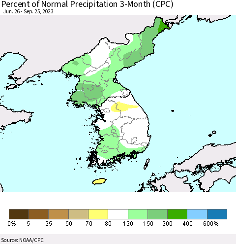 Korea Percent of Normal Precipitation 3-Month (CPC) Thematic Map For 6/26/2023 - 9/25/2023