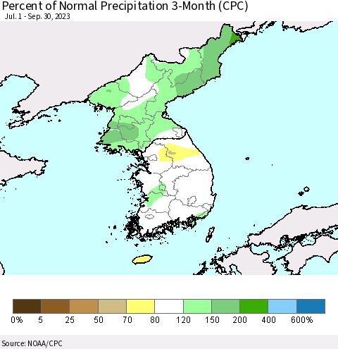 Korea Percent of Normal Precipitation 3-Month (CPC) Thematic Map For 7/1/2023 - 9/30/2023