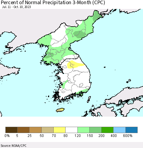 Korea Percent of Normal Precipitation 3-Month (CPC) Thematic Map For 7/11/2023 - 10/10/2023