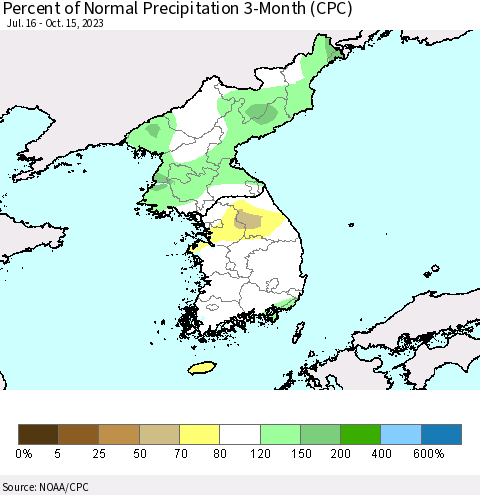 Korea Percent of Normal Precipitation 3-Month (CPC) Thematic Map For 7/16/2023 - 10/15/2023