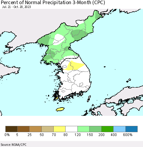 Korea Percent of Normal Precipitation 3-Month (CPC) Thematic Map For 7/21/2023 - 10/20/2023