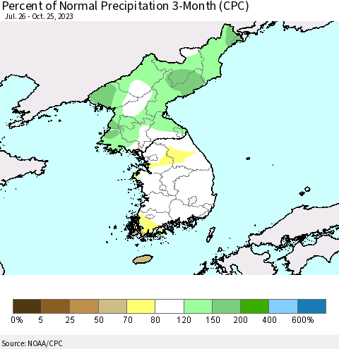 Korea Percent of Normal Precipitation 3-Month (CPC) Thematic Map For 7/26/2023 - 10/25/2023