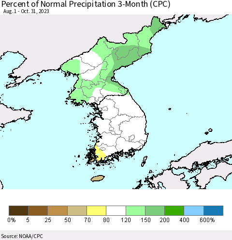 Korea Percent of Normal Precipitation 3-Month (CPC) Thematic Map For 8/1/2023 - 10/31/2023