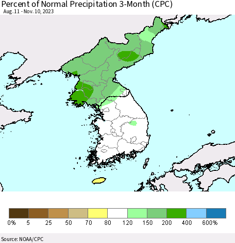 Korea Percent of Normal Precipitation 3-Month (CPC) Thematic Map For 8/11/2023 - 11/10/2023