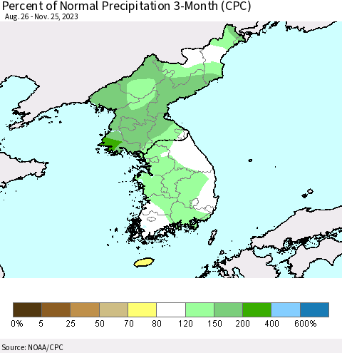 Korea Percent of Normal Precipitation 3-Month (CPC) Thematic Map For 8/26/2023 - 11/25/2023