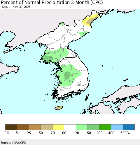 Korea Percent of Normal Precipitation 3-Month (CPC) Thematic Map For 9/1/2023 - 11/30/2023