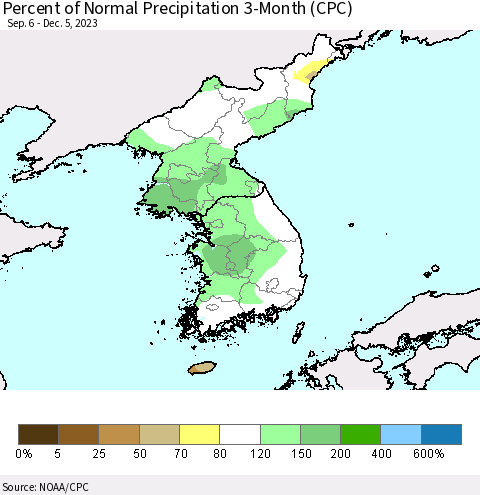 Korea Percent of Normal Precipitation 3-Month (CPC) Thematic Map For 9/6/2023 - 12/5/2023