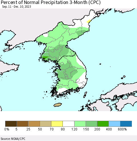 Korea Percent of Normal Precipitation 3-Month (CPC) Thematic Map For 9/11/2023 - 12/10/2023
