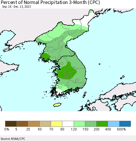 Korea Percent of Normal Precipitation 3-Month (CPC) Thematic Map For 9/16/2023 - 12/15/2023