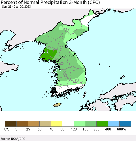 Korea Percent of Normal Precipitation 3-Month (CPC) Thematic Map For 9/21/2023 - 12/20/2023