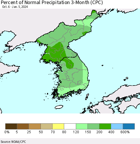 Korea Percent of Normal Precipitation 3-Month (CPC) Thematic Map For 10/6/2023 - 1/5/2024
