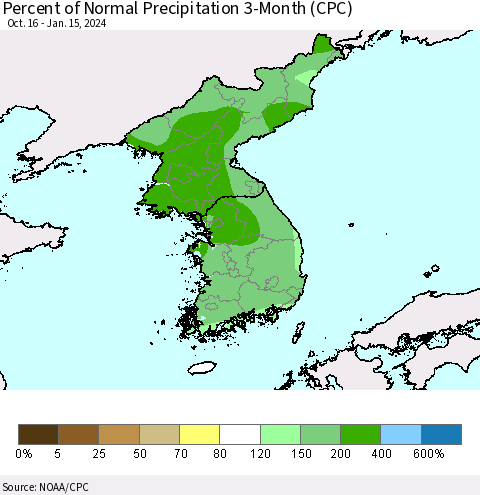 Korea Percent of Normal Precipitation 3-Month (CPC) Thematic Map For 10/16/2023 - 1/15/2024
