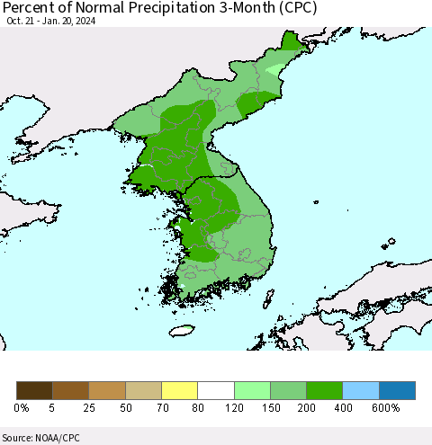 Korea Percent of Normal Precipitation 3-Month (CPC) Thematic Map For 10/21/2023 - 1/20/2024