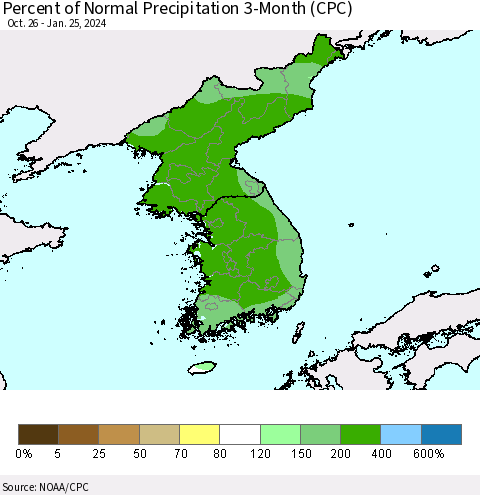 Korea Percent of Normal Precipitation 3-Month (CPC) Thematic Map For 10/26/2023 - 1/25/2024
