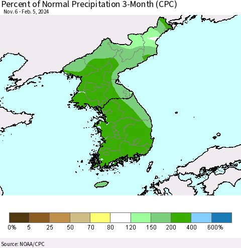 Korea Percent of Normal Precipitation 3-Month (CPC) Thematic Map For 11/6/2023 - 2/5/2024