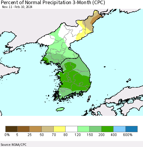 Korea Percent of Normal Precipitation 3-Month (CPC) Thematic Map For 11/11/2023 - 2/10/2024