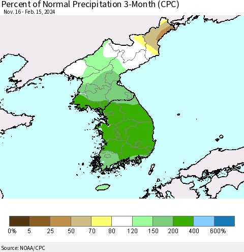 Korea Percent of Normal Precipitation 3-Month (CPC) Thematic Map For 11/16/2023 - 2/15/2024