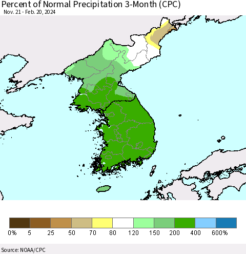 Korea Percent of Normal Precipitation 3-Month (CPC) Thematic Map For 11/21/2023 - 2/20/2024