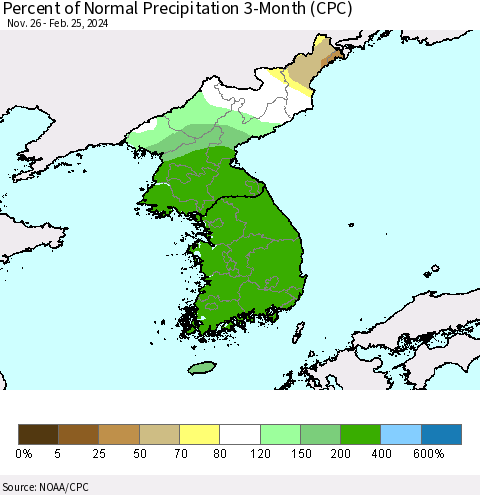 Korea Percent of Normal Precipitation 3-Month (CPC) Thematic Map For 11/26/2023 - 2/25/2024