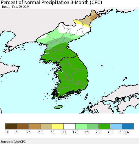 Korea Percent of Normal Precipitation 3-Month (CPC) Thematic Map For 12/1/2023 - 2/29/2024