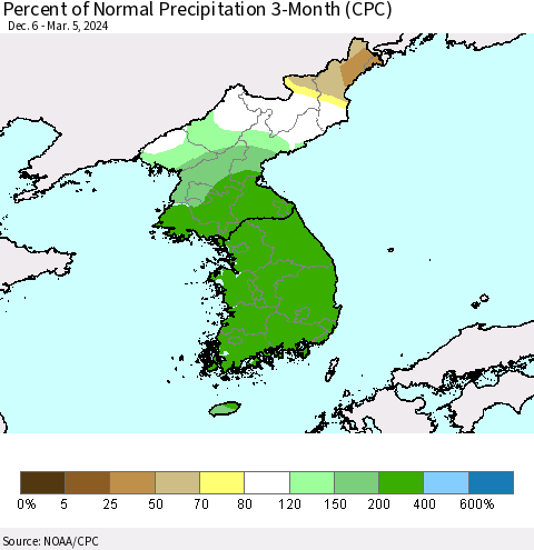 Korea Percent of Normal Precipitation 3-Month (CPC) Thematic Map For 12/6/2023 - 3/5/2024