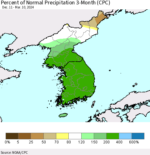 Korea Percent of Normal Precipitation 3-Month (CPC) Thematic Map For 12/11/2023 - 3/10/2024