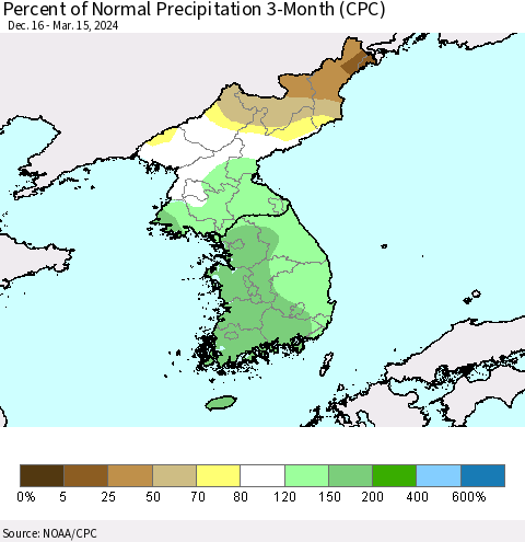 Korea Percent of Normal Precipitation 3-Month (CPC) Thematic Map For 12/16/2023 - 3/15/2024