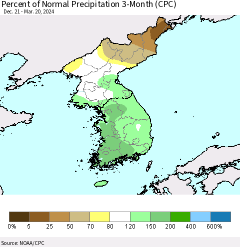 Korea Percent of Normal Precipitation 3-Month (CPC) Thematic Map For 12/21/2023 - 3/20/2024