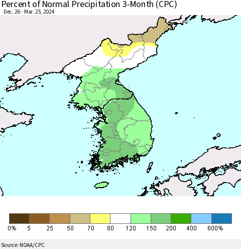 Korea Percent of Normal Precipitation 3-Month (CPC) Thematic Map For 12/26/2023 - 3/25/2024