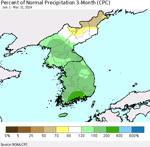 Korea Percent of Normal Precipitation 3-Month (CPC) Thematic Map For 1/1/2024 - 3/31/2024