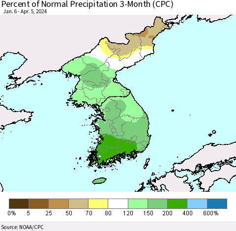 Korea Percent of Normal Precipitation 3-Month (CPC) Thematic Map For 1/6/2024 - 4/5/2024