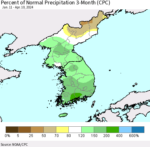 Korea Percent of Normal Precipitation 3-Month (CPC) Thematic Map For 1/11/2024 - 4/10/2024