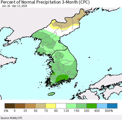 Korea Percent of Normal Precipitation 3-Month (CPC) Thematic Map For 1/16/2024 - 4/15/2024