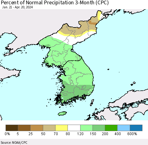 Korea Percent of Normal Precipitation 3-Month (CPC) Thematic Map For 1/21/2024 - 4/20/2024