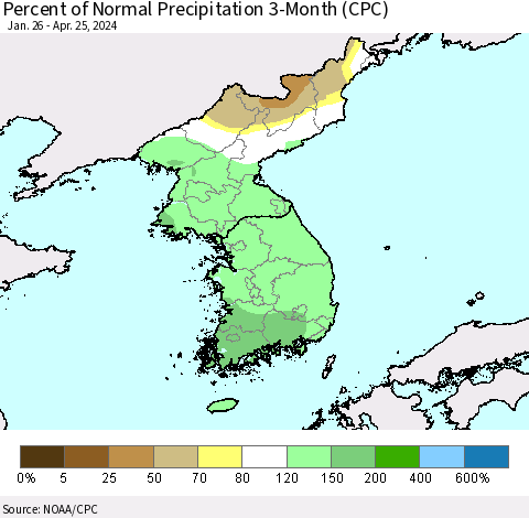 Korea Percent of Normal Precipitation 3-Month (CPC) Thematic Map For 1/26/2024 - 4/25/2024