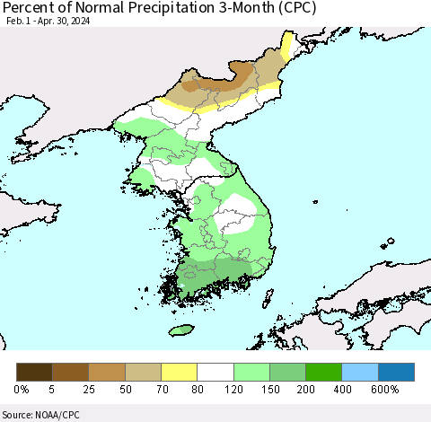 Korea Percent of Normal Precipitation 3-Month (CPC) Thematic Map For 2/1/2024 - 4/30/2024