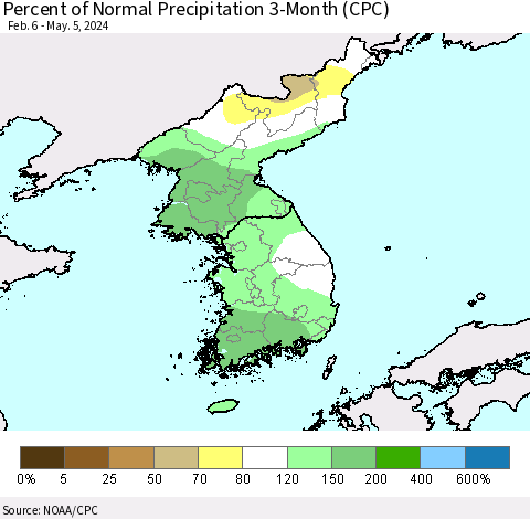 Korea Percent of Normal Precipitation 3-Month (CPC) Thematic Map For 2/6/2024 - 5/5/2024