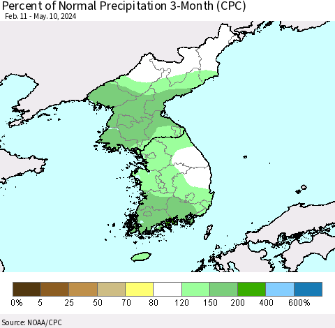 Korea Percent of Normal Precipitation 3-Month (CPC) Thematic Map For 2/11/2024 - 5/10/2024