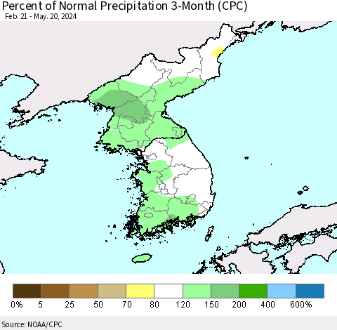 Korea Percent of Normal Precipitation 3-Month (CPC) Thematic Map For 2/21/2024 - 5/20/2024