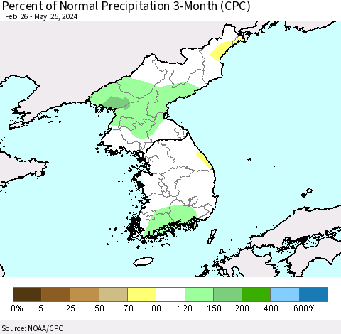 Korea Percent of Normal Precipitation 3-Month (CPC) Thematic Map For 2/26/2024 - 5/25/2024