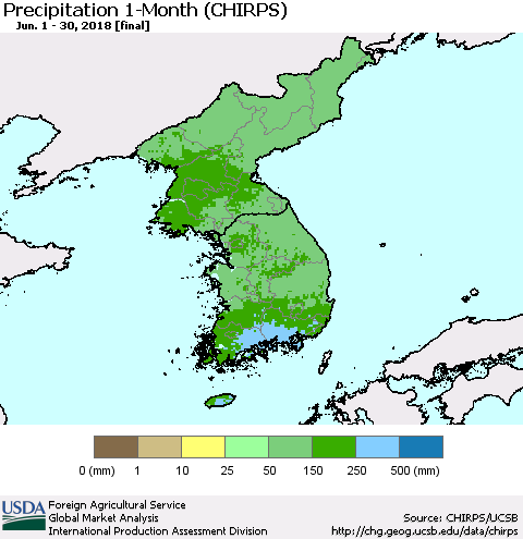 Korea Precipitation 1-Month (CHIRPS) Thematic Map For 6/1/2018 - 6/30/2018