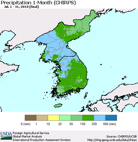 Korea Precipitation 1-Month (CHIRPS) Thematic Map For 7/1/2018 - 7/31/2018